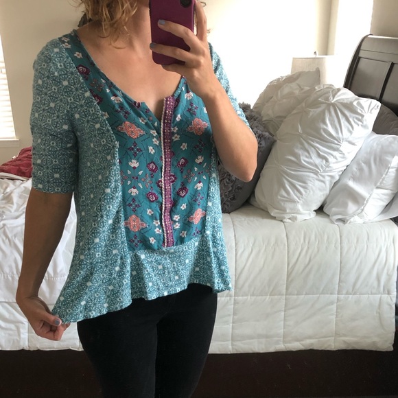 ❌SOLD❌ANTHROPOLOGIE 3/4 Sleeve Blouse Turquoise - Picture 6 of 7